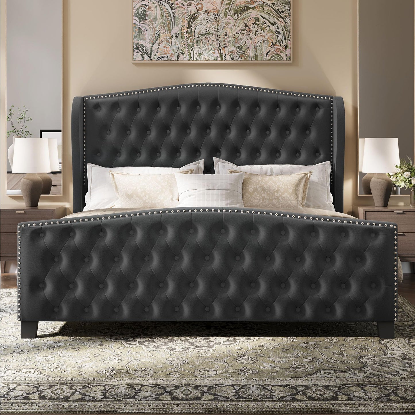 BRELTAM Upholstered King Size Bed Frame Velvet Tufted Bed Frame with Wingback Headboard & Footboard, with Deep Button Tufted & Nailhead Wooden Slats Support, No Box Spring Needed,Grey