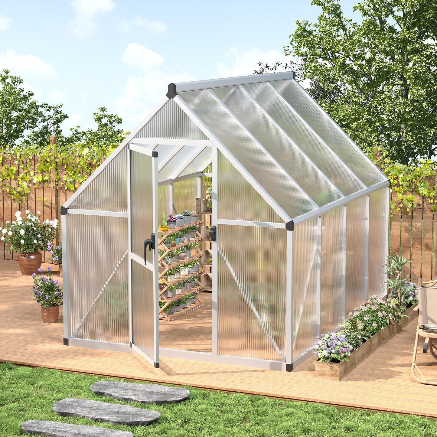 6x7 FT Outdoor Polycarbonate Greenhouse with Lockable Door, Adjustable Roof Vent, and Windproof Aluminum Frame, Walk-in Design for Backyard or Lawn