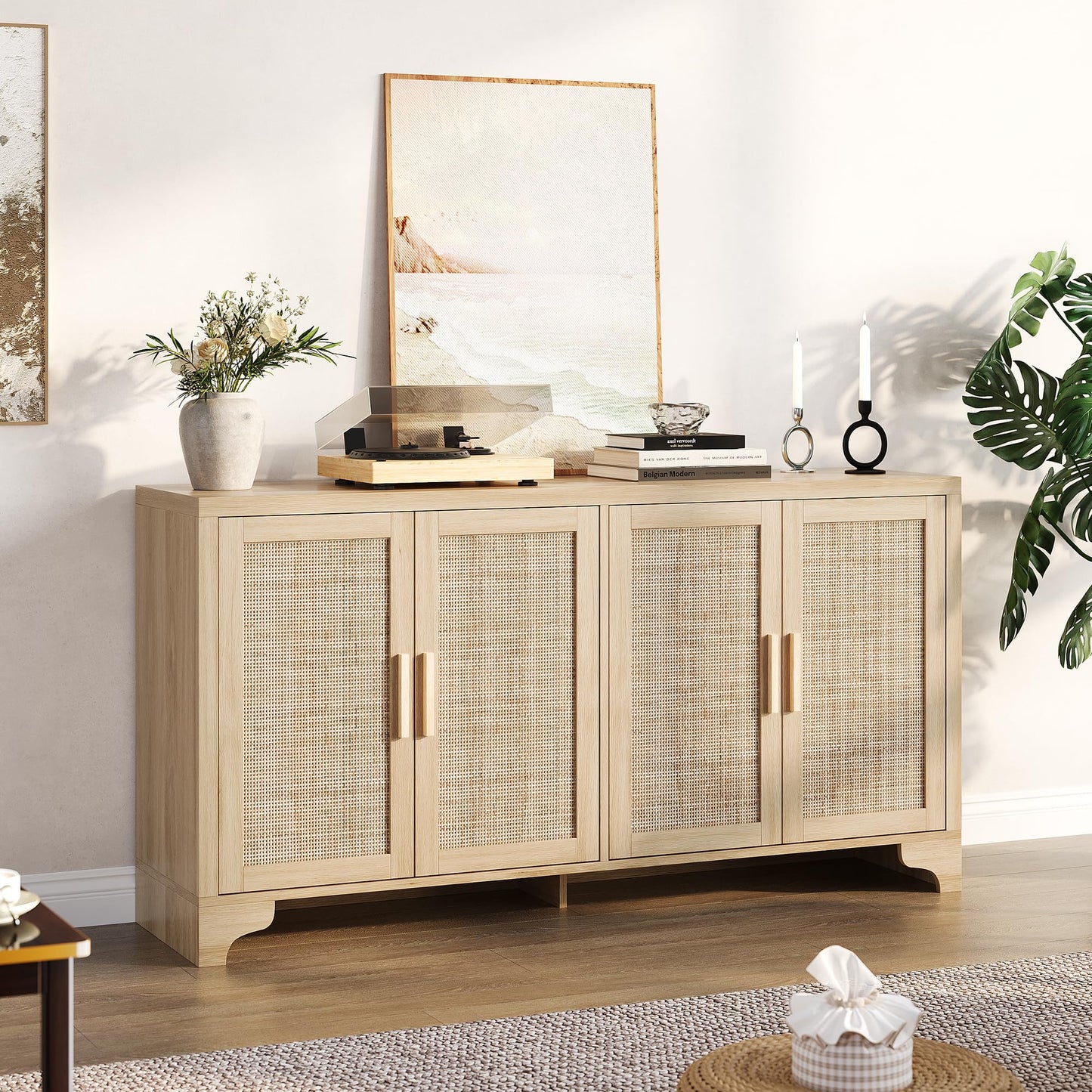 GarveeHome 4-Door Sideboard Buffet Cabinet, Natural Rattan Storage Cabinet, Boho Entryway Console Table, Coffee Bar Station for Dinning Room, Living Room, Kitchen
