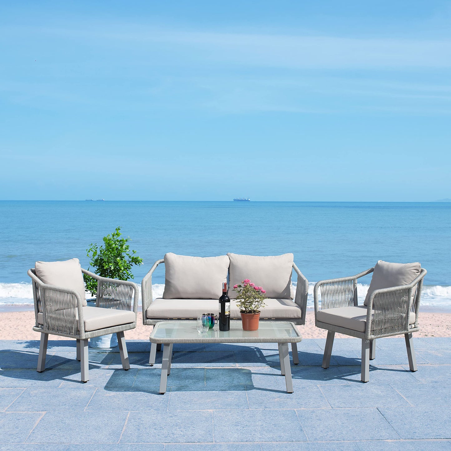 Safavieh Outdoor Collection Torsla Wicker Cushion 4-Piece Rope Patio Backyard Living Set PAT7520C, Grey/Grey