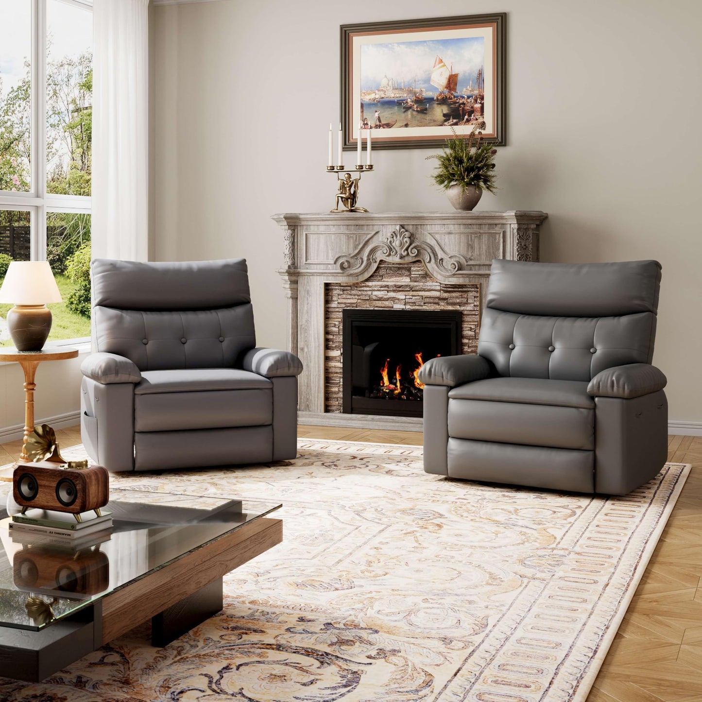 Garvee Oversized Wide Recliner Chair - Heat and Massage, PU Leather Extra Wide Manual Recliner for Adults, Large Lazy Chair with 1.5X Sponge Comfort Arm and Back for Living Room, Bedroom
