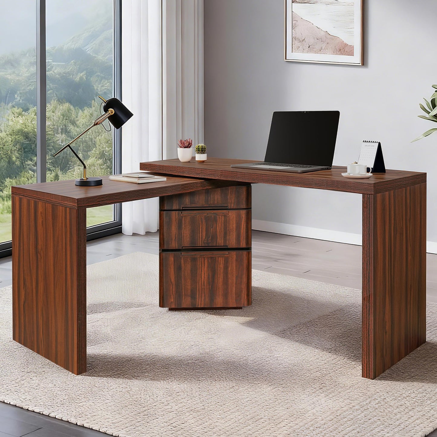 Merax 360° Rotating L-Shaped Desk with 3 Drawers | 90" Modern Corner Computer Desk for Home Office, Living Room, Executive Writing Study Work, Walnut
