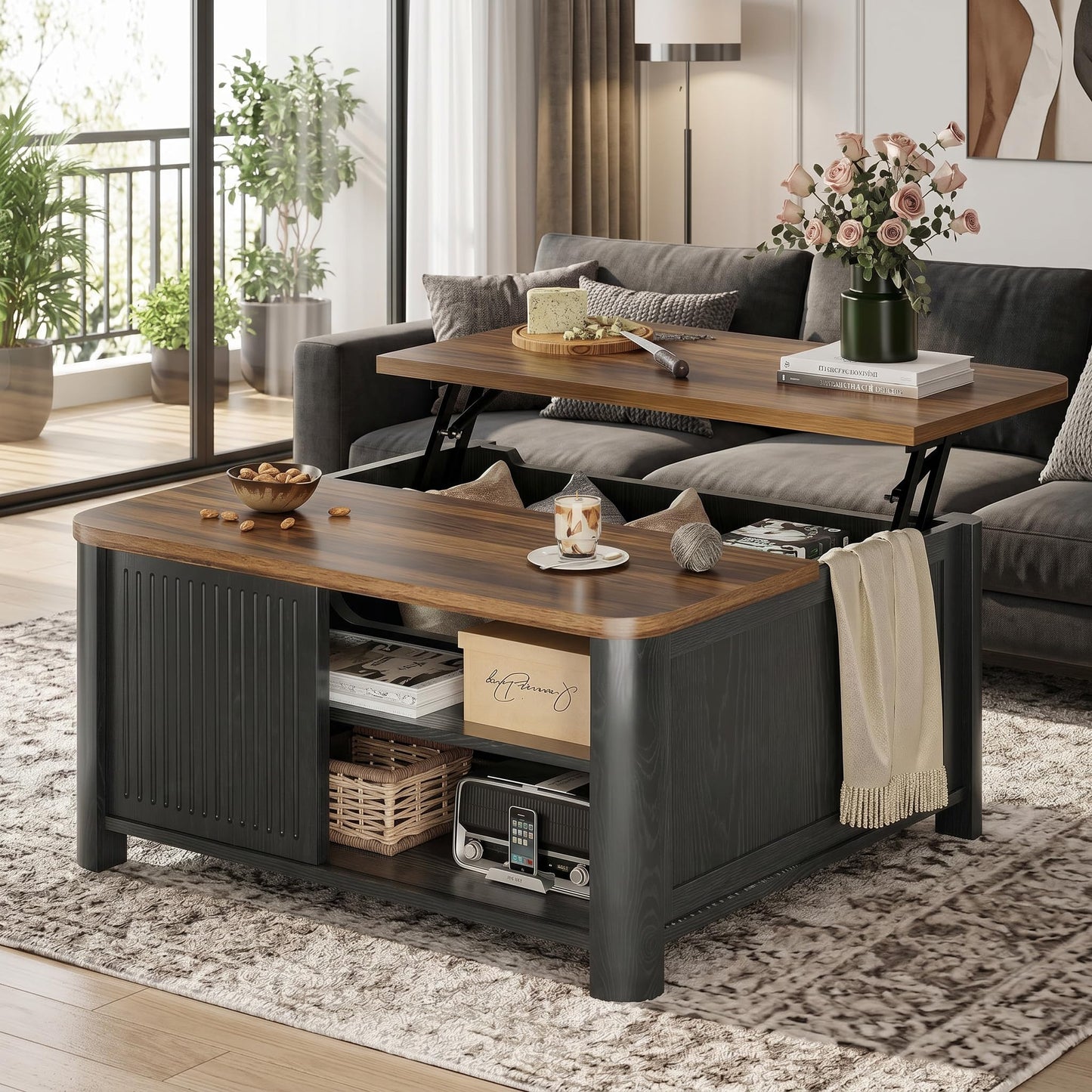 Decofy Lift Top Coffee Table with Storage Mid Century Modern Square Coffee Tables for Living Room, Large Hidden Storage Compartment, Adjustable Shelves & Sliding Door