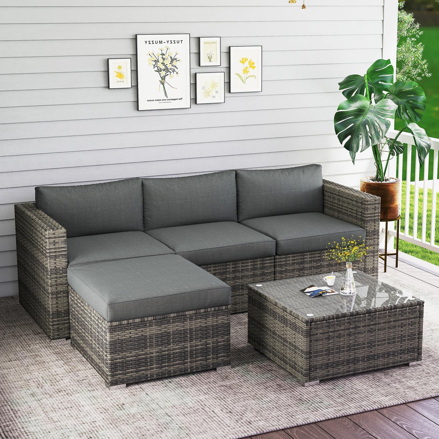 Wisteria Lane 5-Pieces Outdoor Patio Furniture Set, All Weather Wicker Rattan Sectional Sofa, Patio Conversation Set with Cushions & Glass Coffee Table for Backyard Porch Garden Balcony, Grey