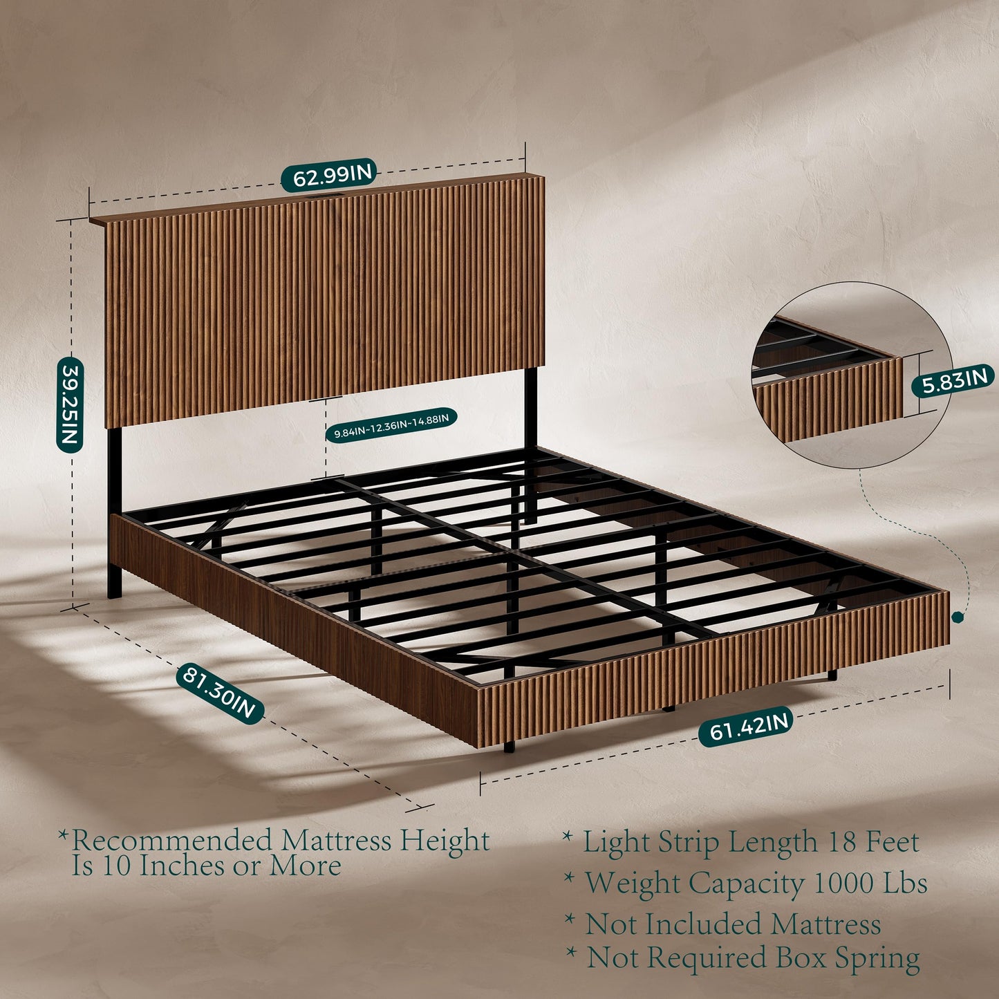 Evermagin Walnut Queen Floating Bed Frame with Headboard, Mid Century Modern Fluted Platform Bed with LED Lights, Heavy Duty Floating Bedframe with Charging Station, No Box Spring Needed