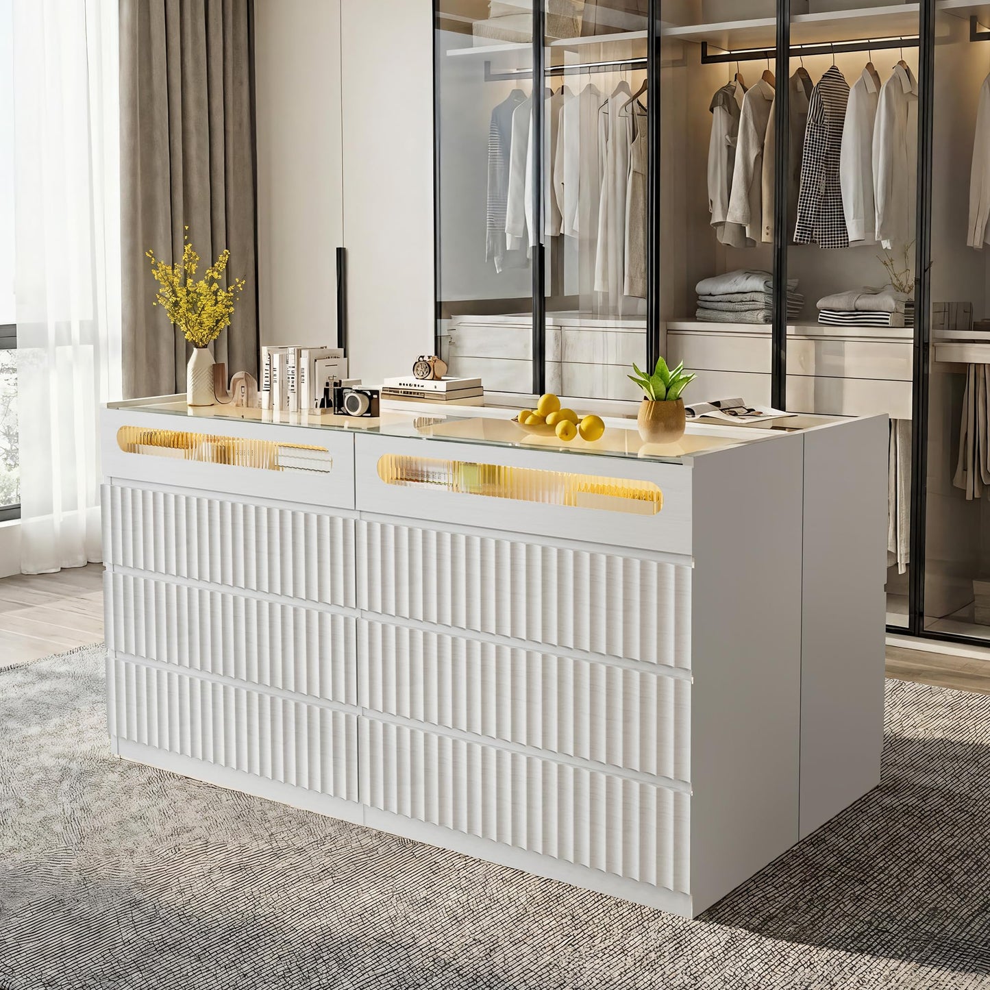 senlin Fluted 8 Drawer Dresser,with LED Lights,Tempered Glass Panel,Drawer Dresser,Hidden Handles.Compartmentalized Storage Drawer,Bedroom,Entryway,Wood Vanity