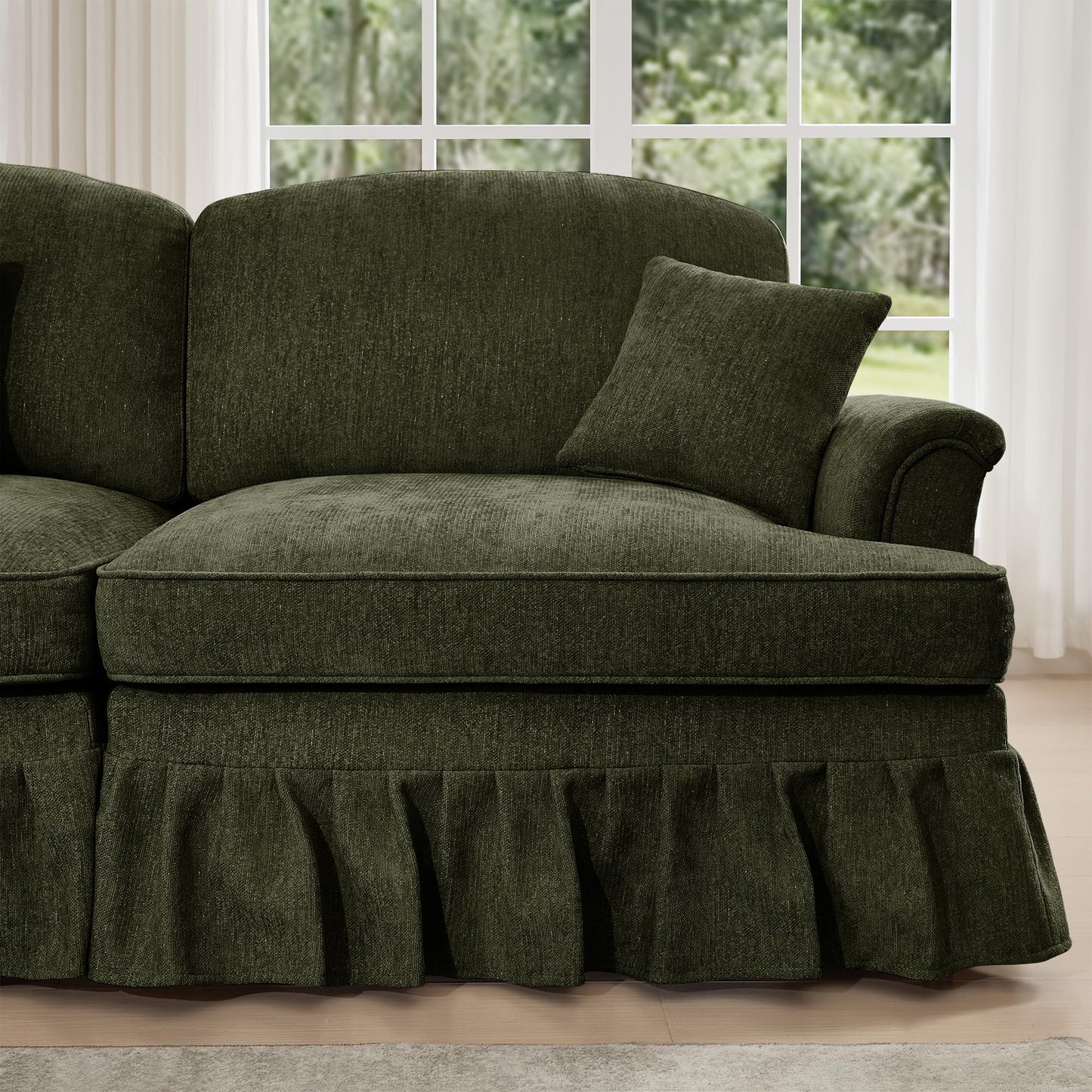 KEIKI Modular Sectional Sofa, 2 Seat Sofa Sets with Removable Ruffles Pleats Skirts, 2 Piece Modular Deep Seat Sofa for Living Room, Green