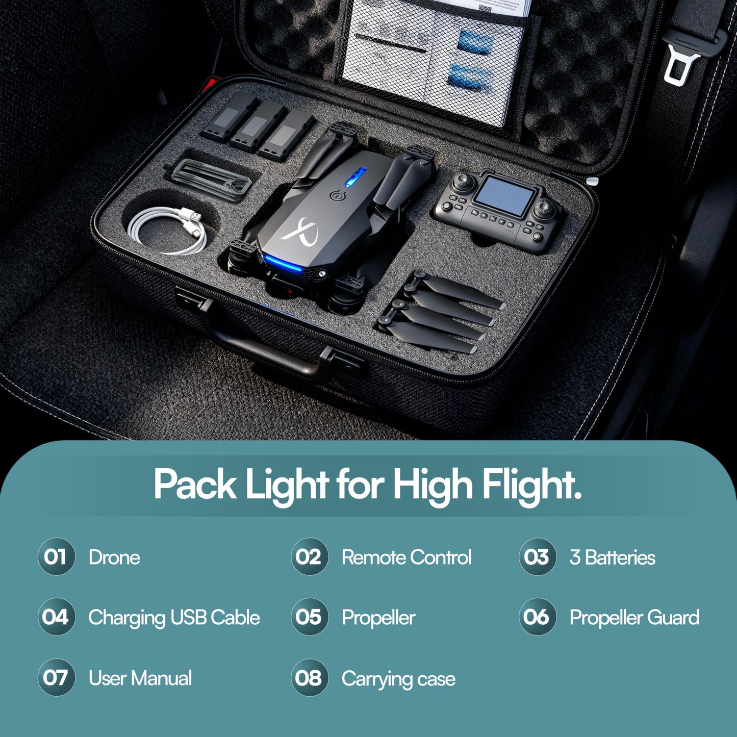 Falcon X 4K Drone with Built-In Screen Remote, Foldable FPV Quadcopter with Wide-Angle Camera, Carrying Case & 3 Batteries – Easy-to-Fly Drone for Beginners