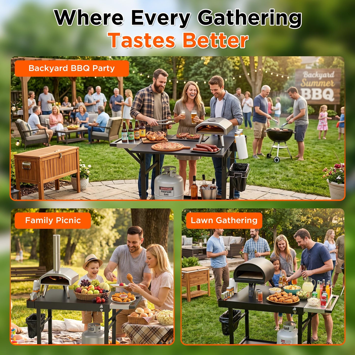 DeintYei Pizza Oven Table for Ooni Pizza Ovens, Grill Cart Table with Topping Station, Large Countertop Pizza Oven Stand, Foldable Outdoor Cooking Stand with Propane Storage