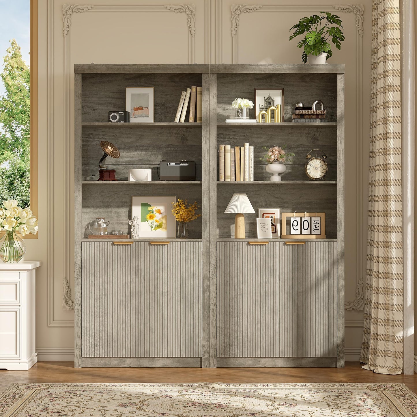 Garvee 71" Tall Bookshelf with Fluted Doors, 5 Tier Bookcase Display Shelves with Storage Cabinet & Adjustable Shelf, Mid-Century Modern Bookshelves for Home Office, Living Room, Grey