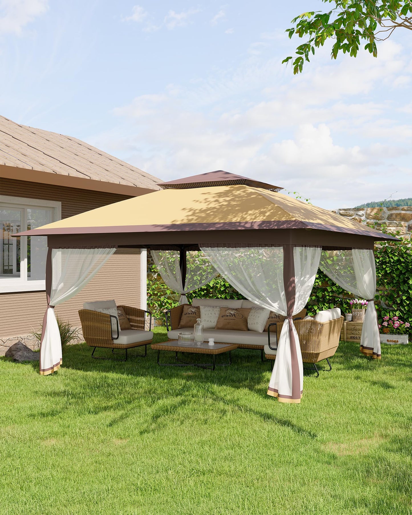 Canopy Tent 12x12 ft, Pop Up Gazebo One-Push Setup with 4 SandBags for Backyard Parties and BBQs, Mosquito Netting & Height Adjustable - Khaki & Coffee