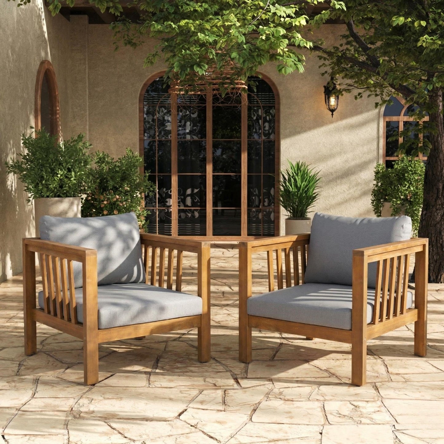 Merax Set of 2 Outdoor Acacia Wood Club Chairs, Modern Patio Conversation Chairs with Thick Cushions, Adjustable Feet, Weather Resistant Wooden Armchairs for Backyard, Poolside, Grey Cushions
