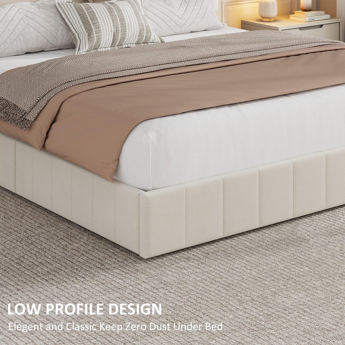 IDEALHOUSE Queen Size Velvet Bed Frame with 4 Storage Drawers, Upholstered Platform Bed with Vertical Channel Tufted Adjustable Headboard, No Box Spring Needed, Easy Assembly, Beige