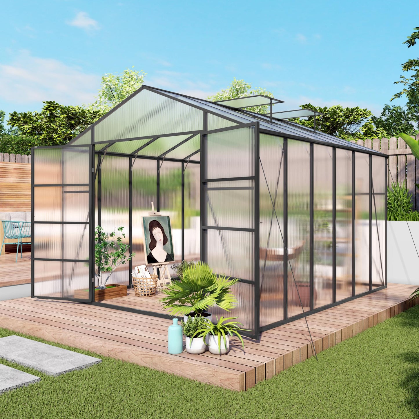 KEIKI 10x12 FT Polycarbonate Greenhouse for Outdoors, Heavy-Duty Aluminum Walk-in Greenhouse with Raised Base, Roof Vent & Drainage System, All-Season Garden Greenhouse, Black