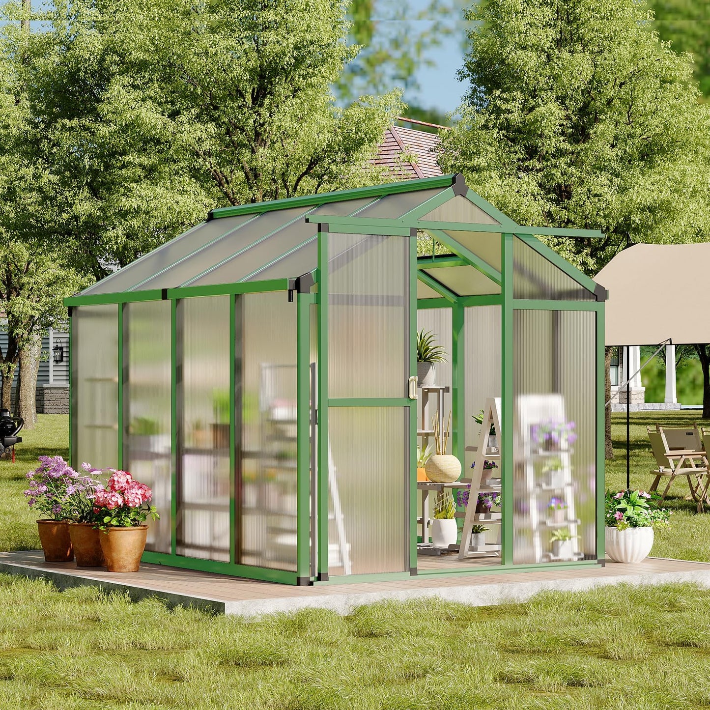 Greenhouse, 6x8 FT Greenhouse for Outdoors, Walk-in Green House with Ground Nails and Vent Windows, Sliding Lockable Door, Polycarbonate Greenhouses for Outside Garden Backyard, Quick Setup, Green