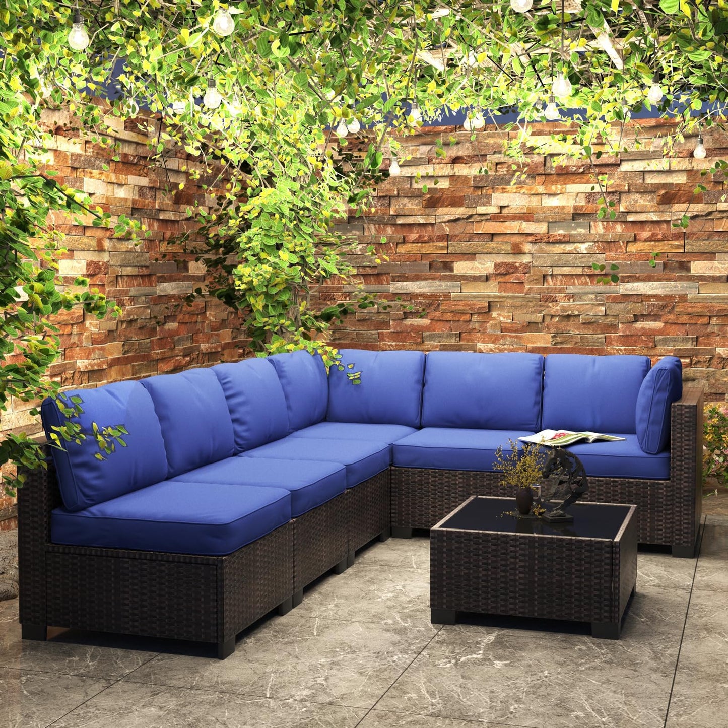 GarveeHome 7 Piece Patio Furniture Set, PE Rattan Wicker Sectional Sofa Set with Cushions & Glass Top Coffee Table, Outdoor Conversation Furniture for Garden, Balcony, Porch, Backyard