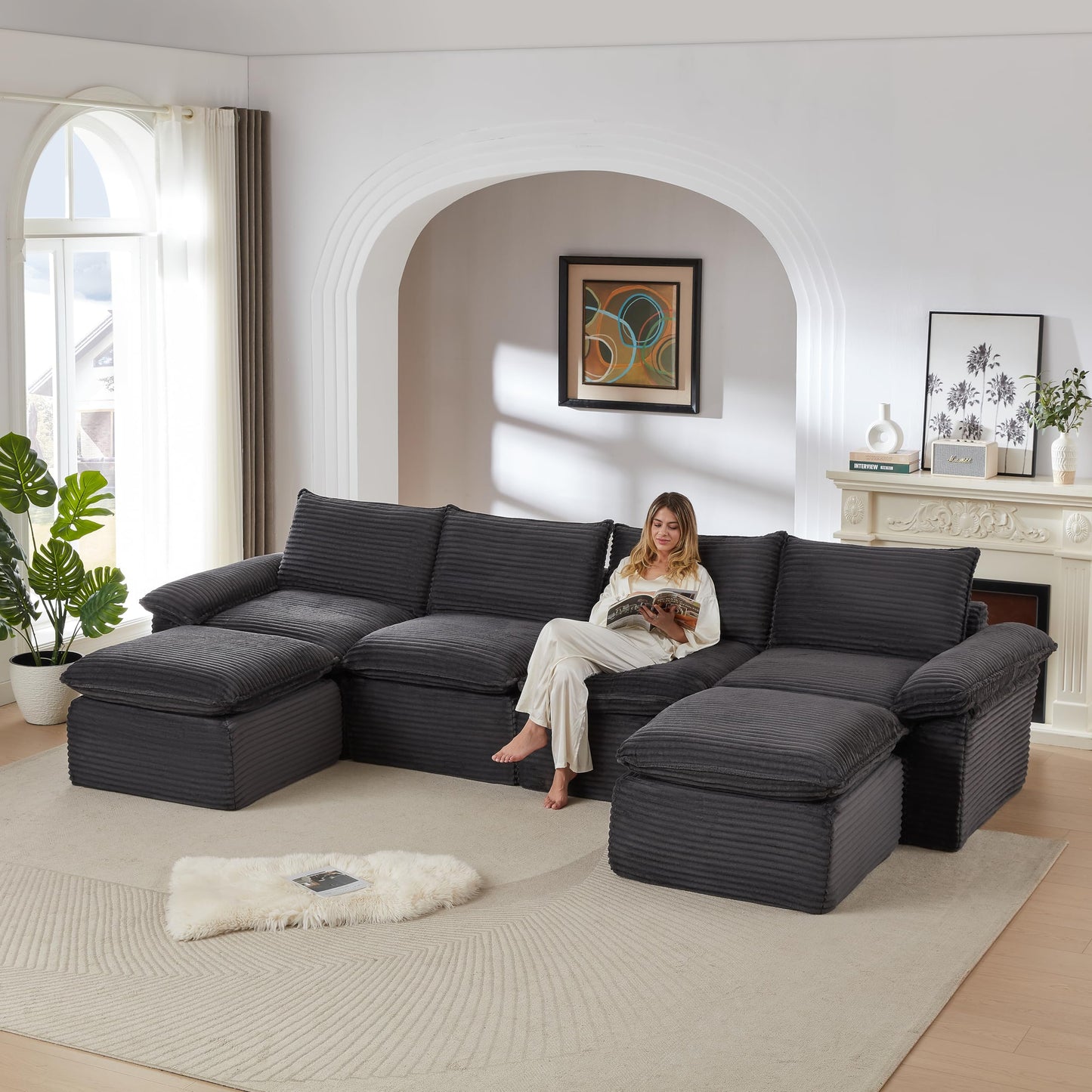 Cloud Modular Sectional Couches Boneless Sofa for Living Room, 142" Oversized U Shaped Corner Couch with Movable Ottomans, Memory Foam Compressed 6 Seater Sofa for Living Room