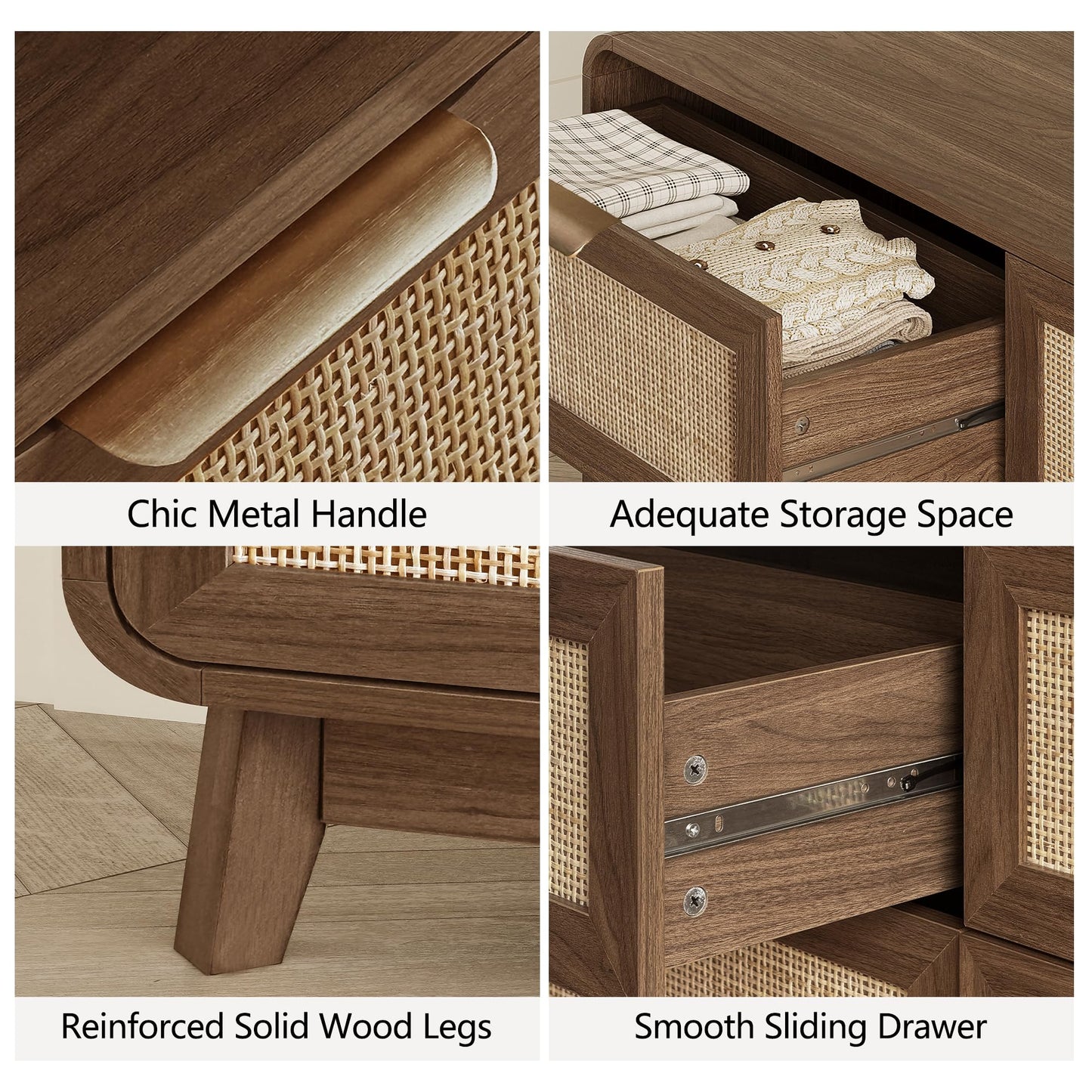 FORTUNETEC 55" Rattan 9 Drawer Dresser, Modern Farmhouse & Boho Wooden Chest of Drawers with Walnut Wood Grain, Multifunctional Storage Bedroom Set for Bedroom, Living Room, TV Stand
