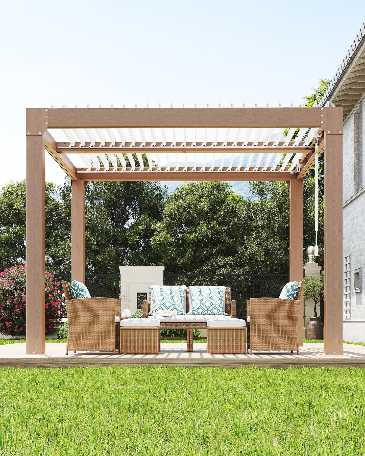 CABIHOME 10' x 10' Louvered Pergola, Outdoor Aluminum Pergola with Adjustable 0°-90° Roof, Reinforced Frame, Hidden Drainage System, Hardtop Gazebo for Patio, Deck, Backyard, Wood Grain