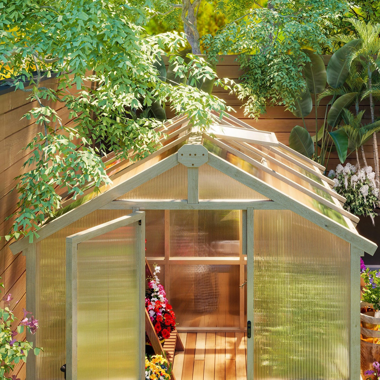 Outsunny 6.6' x 8' Walk-in Polycarbonate Greenhouse with Thickened Panels, Wooden Greenhouse with Lockable Door, Roof Vent for Outdoors, Winter Sunroom for Patio Backyard Garden, Brown