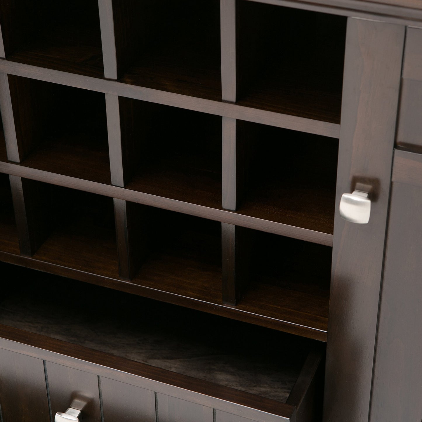 SIMPLIHOME Bedford Buffet - 54 inch Wide Solid Wood 3-Door Sideboard Buffet with Wine Rack in Brunette Brown, Transitional Cabinet for Dining Room or Kitchen with Adjustable Shelves