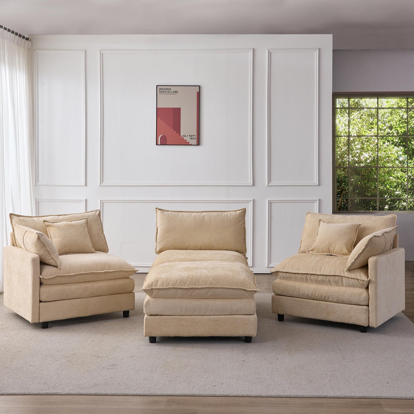 KEIKI 3 Seater Chenille Modular Sectional Couch Sofa with Ottoman, Double-Layer Seat Cushions & Back Cushions, Modern L-Shape Upholstered Cloud Soft Sofa Couches Chaise Lounge for Living Room