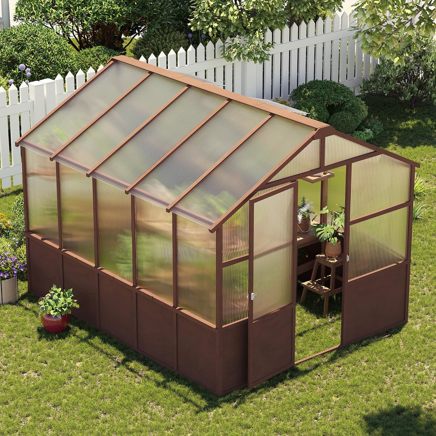 KEIKI 8x10 FT Greenhouse Outdoor, Thick Polycarbonate Greenhouses with Wood Frame, Walk-in Gardening Green House for Outside Patio Backyard, Lockable Door & Ajustable Roof Vent, Easy Assembly, Walnut