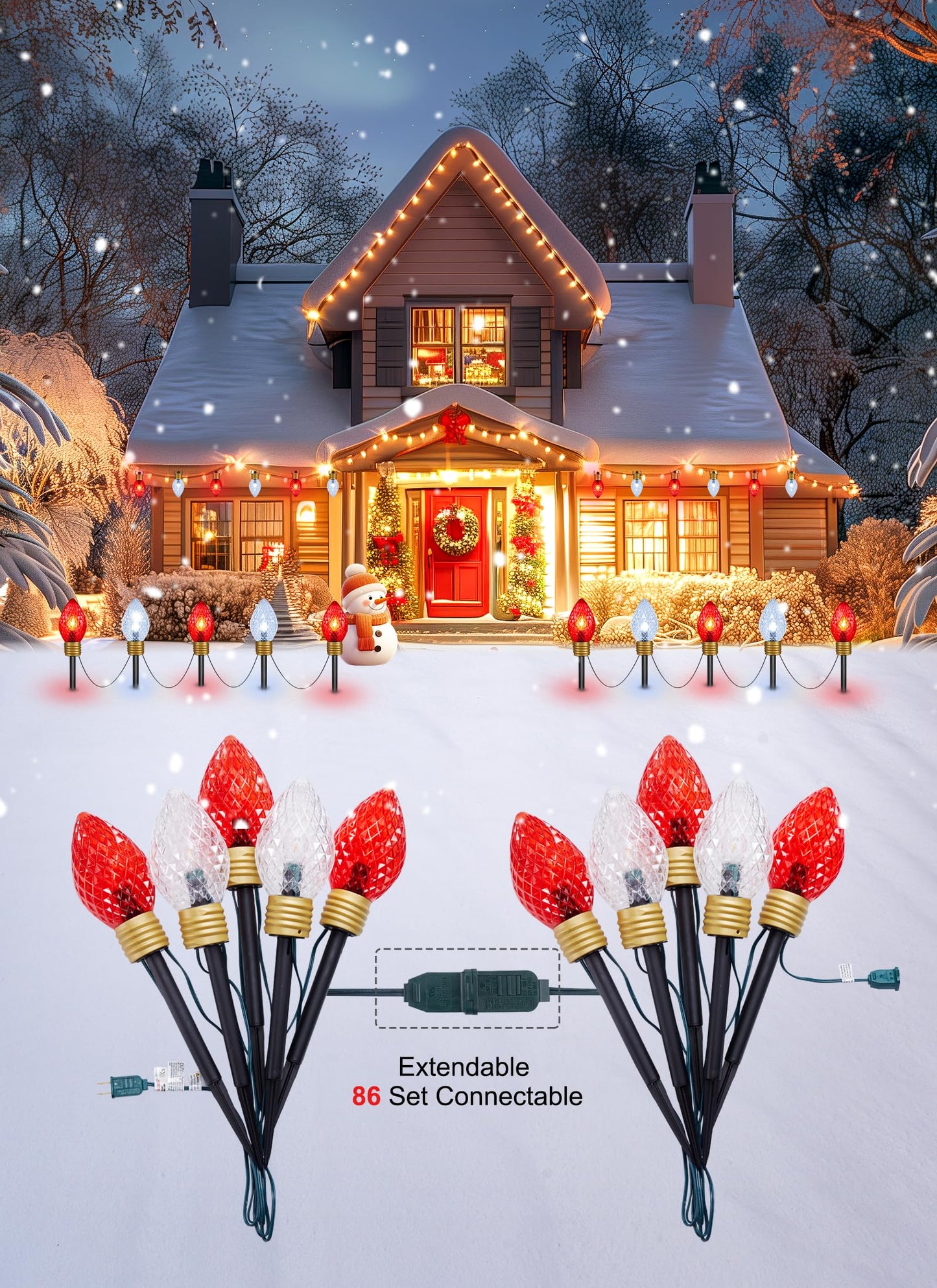 Minetom Jumbo C9 Christmas Pathway Lights - 2 Pack, 10.5 Feet, Multicolor C7 Bulbs, Red & Cool White