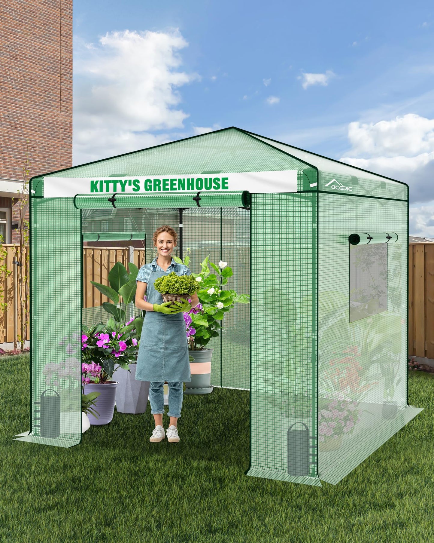 Acepic 8x8 Instant Pop up Greenhouses, Indoor Outdoor Portable Greenhouse Walk-in for All Season, Small Green House with Roll-Up Zipper Doors and Side Windows, 4 Sandbags, Pe Cover, Green/Clear