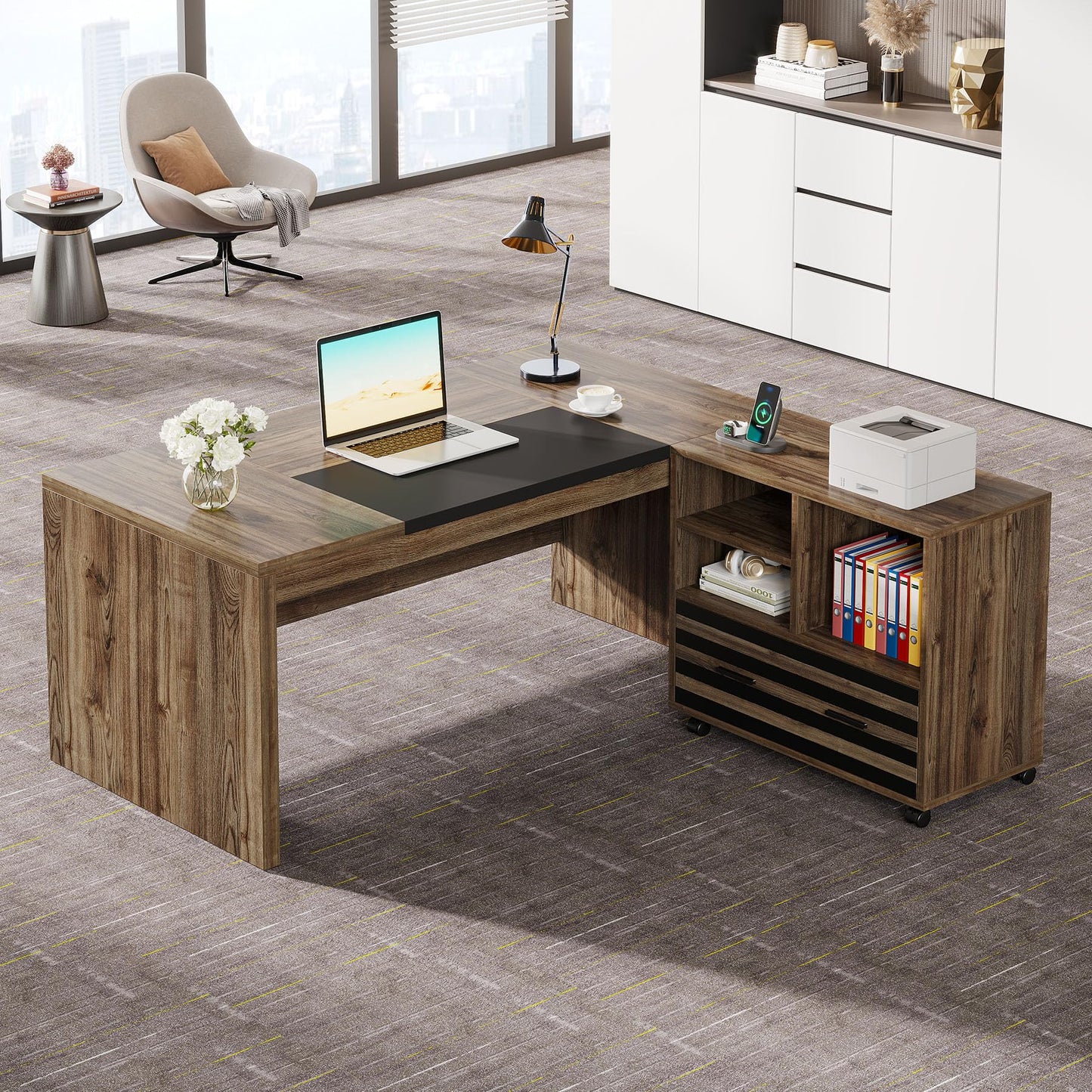 Tribesigns 62.2" Executive Desk with Mobile File Cabinet, L-Shaped Office Desk with Storage Shelves, Large Computer Desk Business Workstation Set for Home Office, Light Brown