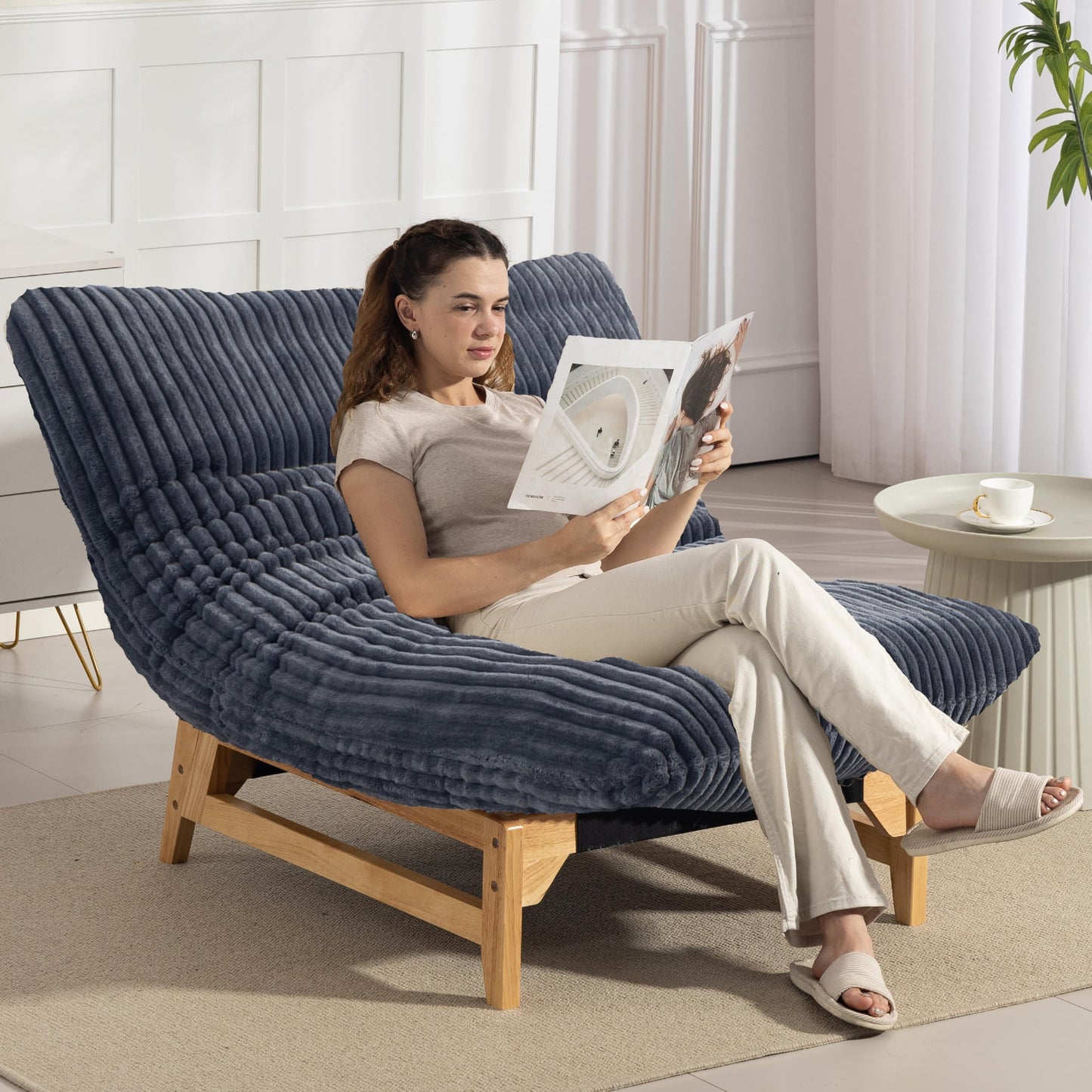 KEIKI Large Bean Bag Chair, Adults Kids Comfy Corduroy Small Couch with Wood Frame, Big Accent Beanbag Lounge Chairs Indoor, Lazy Cozy Floor Sofa Couches for Living Room Reading, Easy Assembly, Grey