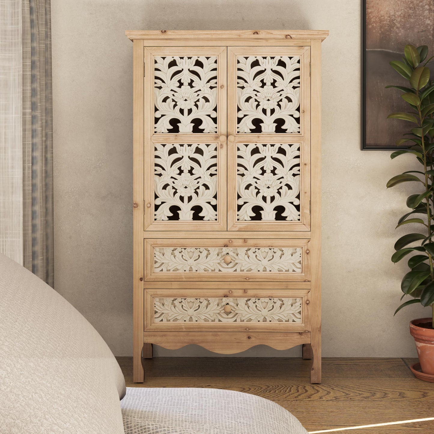 Aoikax 48" Boho Farmhouse Hollow Carved Pantry Cabinet with 2 Drawers