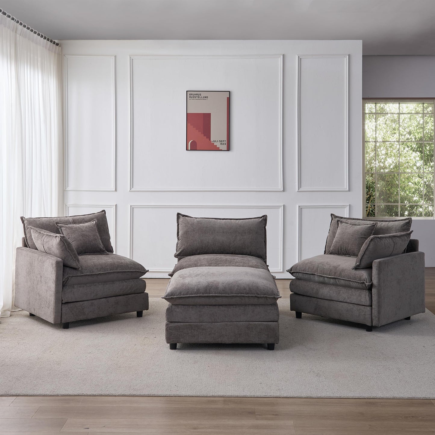 KEIKI 3 Seater Chenille Modular Sectional Couch Sofa with Ottoman, Double-Layer Seat Cushions & Back Cushions, Modern L-Shape Upholstered Cloud Soft Sofa Couches Chaise Lounge for Living Room