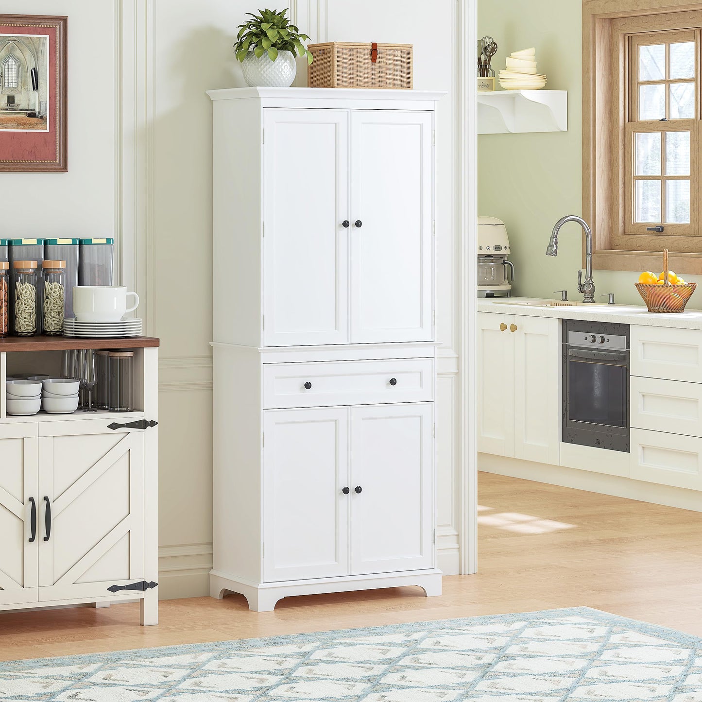 Spirich 71'' Tall Kitchen Pantry Cabinet, Wood Food Pantry Cabinet with Drawers and Wine Glass Rack, Freestanding Storage Cabinet for Kitchen, Living Room, Dining Room, White