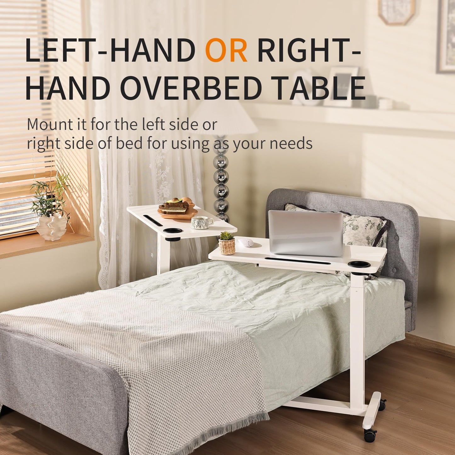 yaaqoo Height Adjustable Overbed Table with Drawer and Wheels, Rolling Standing Laptop Desk, Portable Bedside Tables with Slot, Cup Holder, Mobile Pneumatic Computer Cart, White