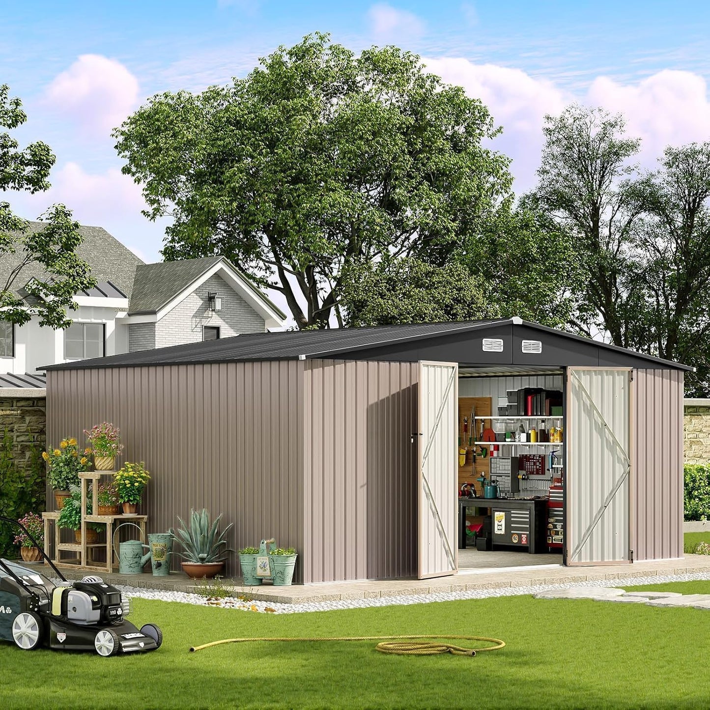 Aoxun 14x12 FT Large Outdoor Storage Shed, Galvanized Metal Shed with 2 Lockable Tall Doors & Sloped Roof, Heavy Duty Utility Tool Storage House for Patio, Garden, Backyard, Lawn (Brown)
