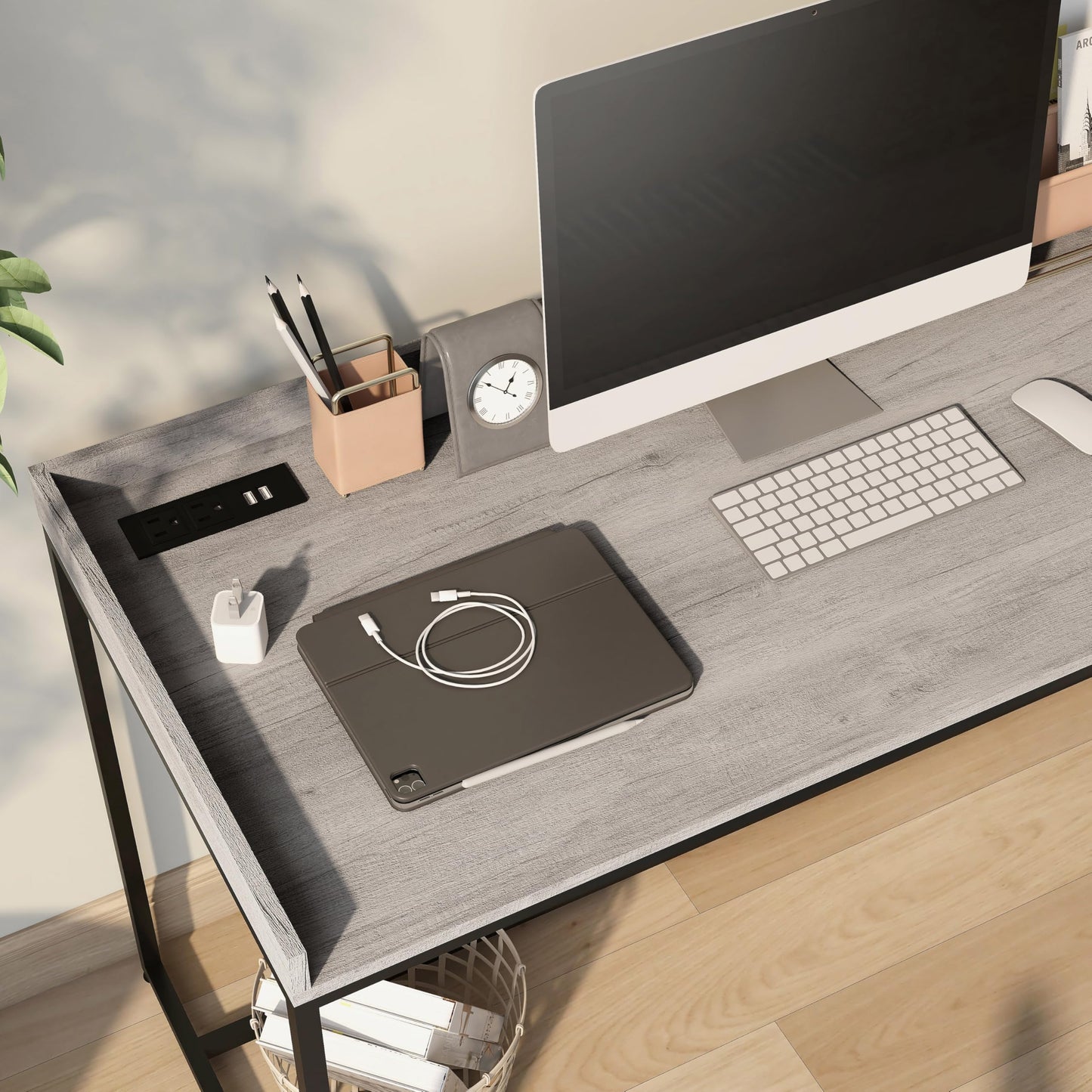 24/7 Shop at Home Lochlan Industrial 1 Drawer Metal Writing Desk with USB Port, Power Outlet, 1 Shelf for Workstation, Home Office, Study Room, Matte Black and Light Gray
