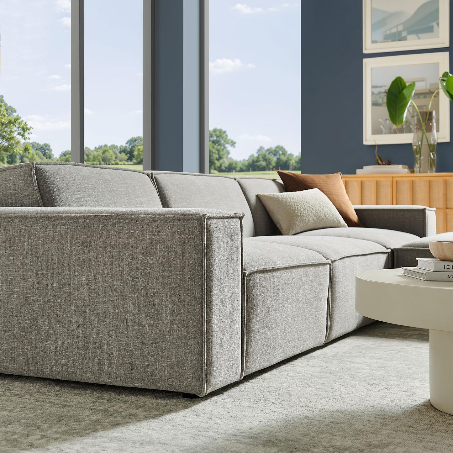 Modway Restore Performance Fabric Upholstered 4-Piece Modular Sofa Set with Ottoman in Pewter - Low Profile Sectional Sofa with Coil Seat Support and French Piping
