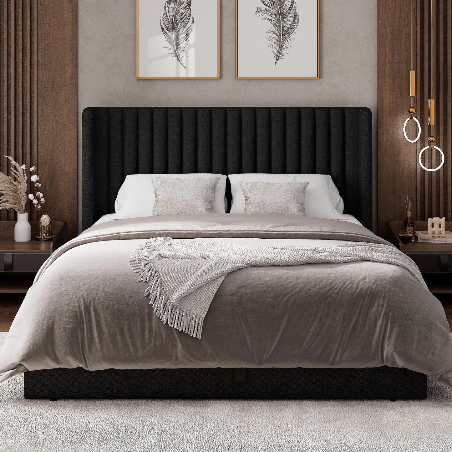 Feonase Queen Size Lift Up Storage Bed Frame, Linen Upholstered Platform Bed with Wingback Headboard, Hydraulic Storage, No Box Spring Needed, Black