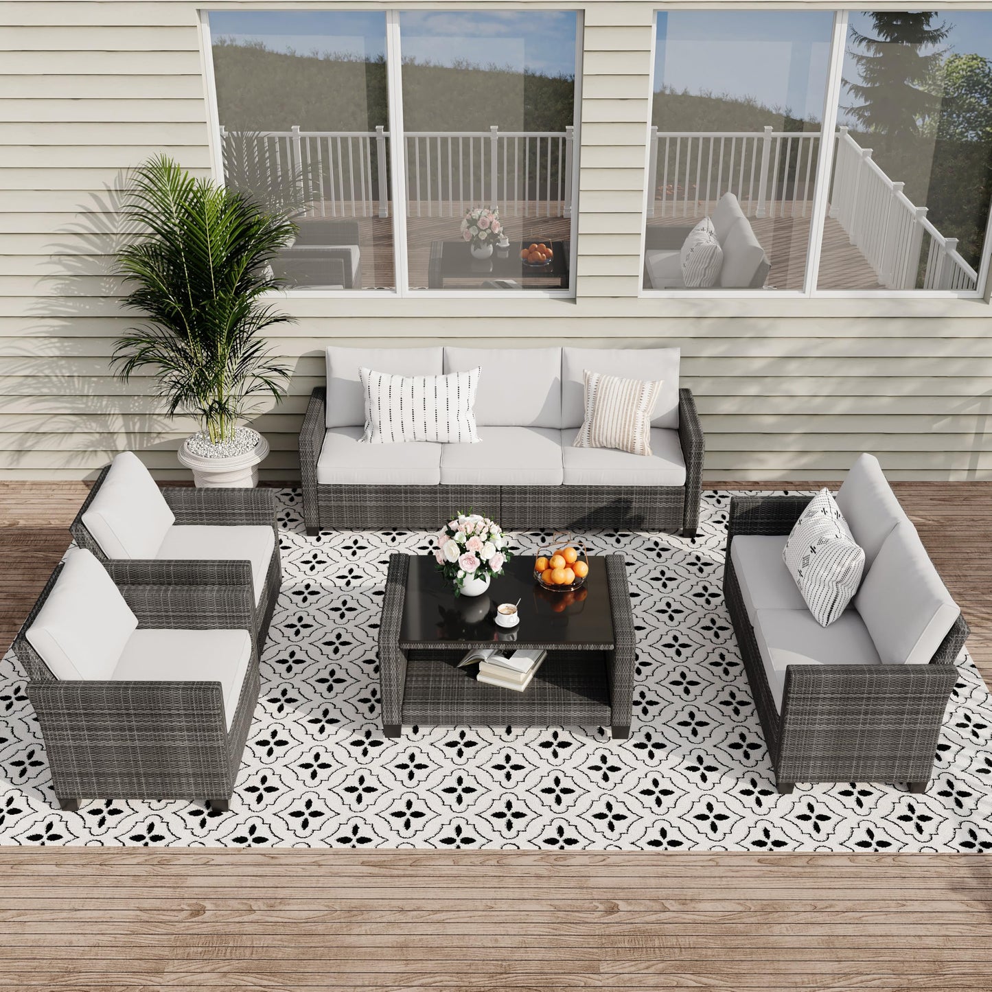 GarveeLife 5 Pieces Patio Furniture Set, 7-Seater Rattan Wicker Patio Conversation Sets with Coffee Table, Outdoor Sectional Patio Sofa Set, Grey Rattan and Grey Cushions