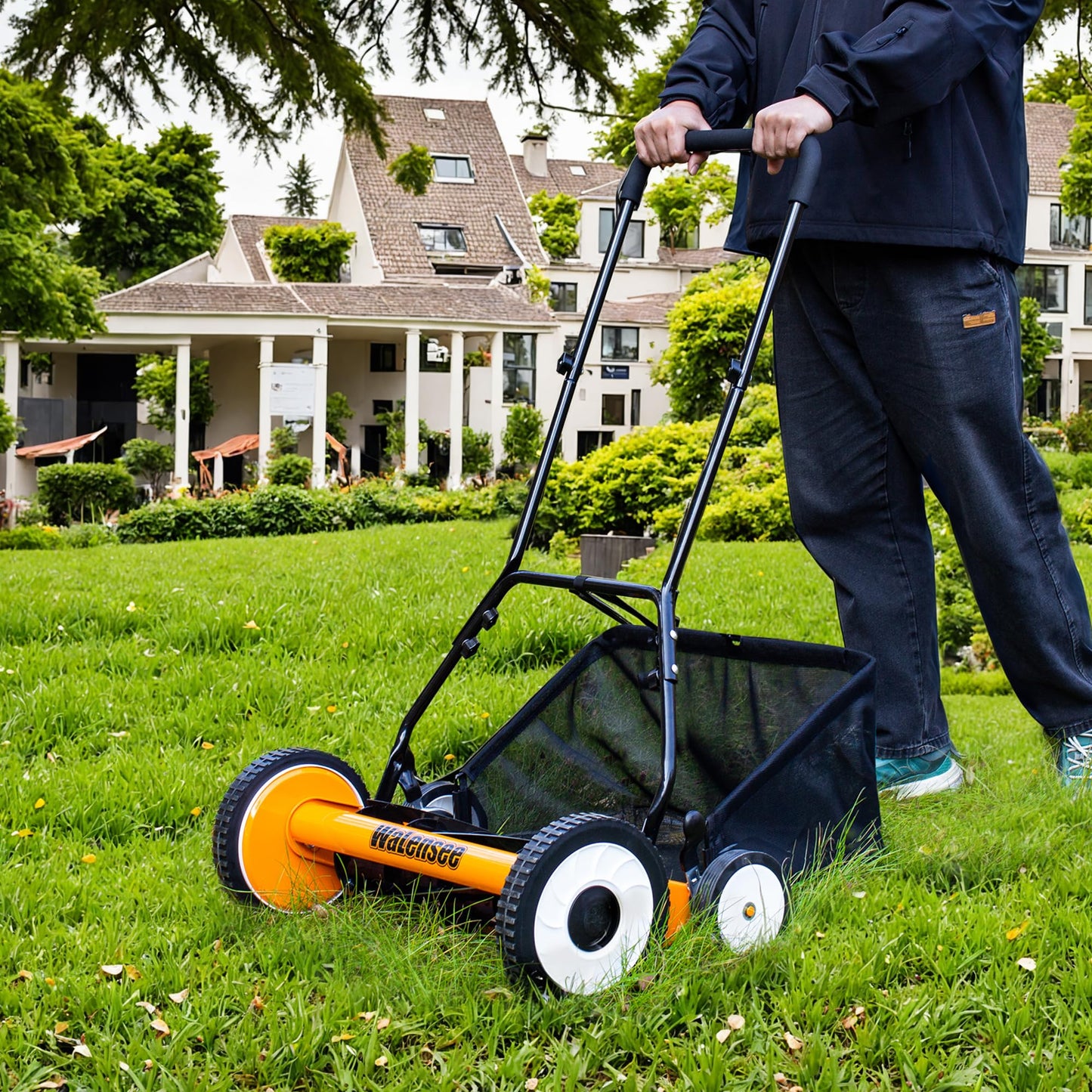 Walensee Manual Reel Lawn Mower with Grass Catcher, 20-Inch Cutting Width