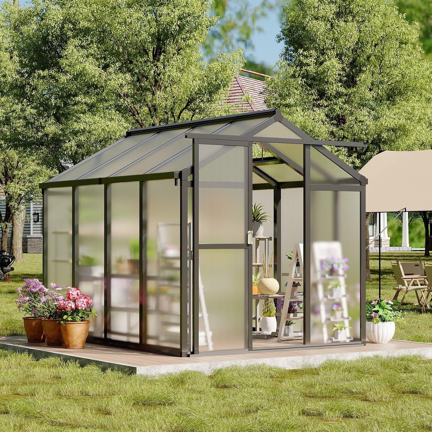6x8 FT Greenhouse, Easy Assembly Aluminum Polycarbonate Greenhouses for Outdoors with Roof Vent, Large Aluminum Walk-in Greenhouse for Sunroom Patio, Backyard, Garden, Sliding Lockable Door, Black