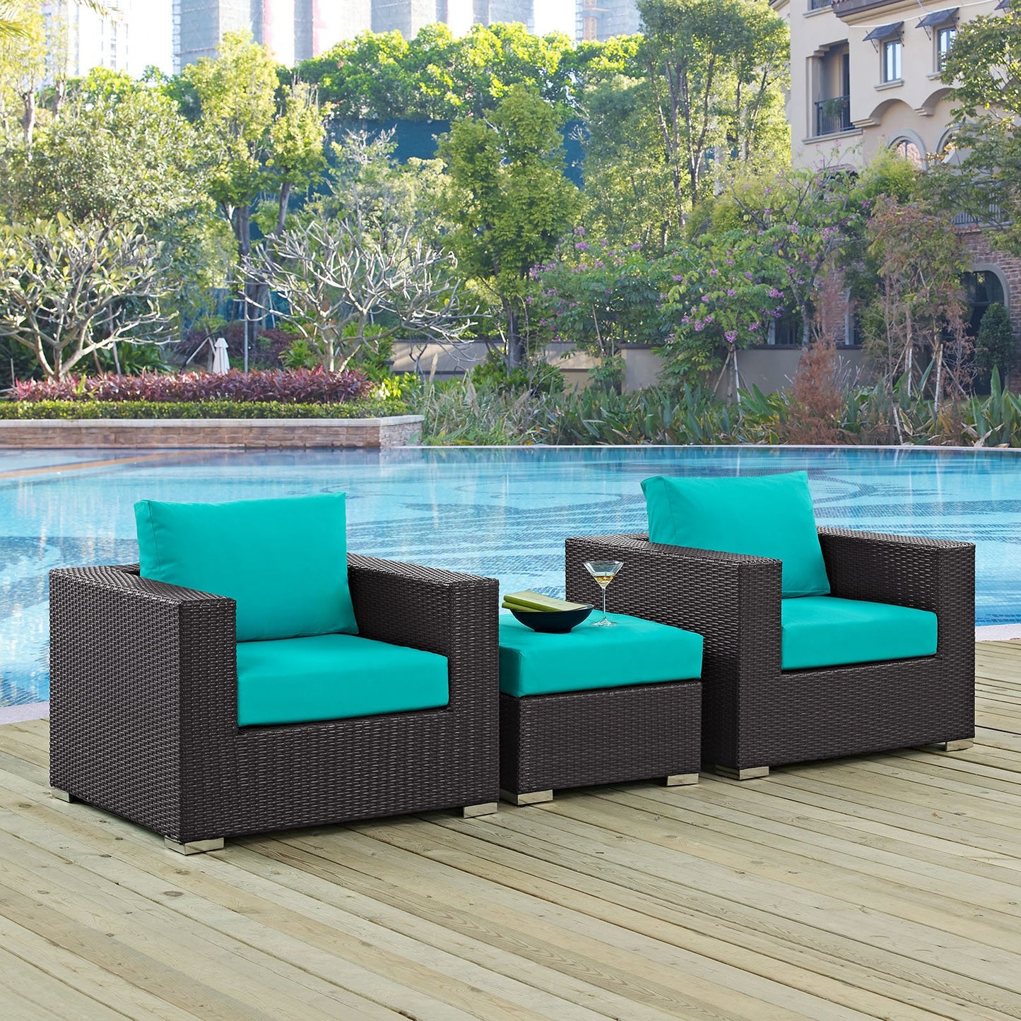 Modway Convene Wicker Rattan 3-Piece Outdoor Patio Furniture Set in Espresso Turquoise