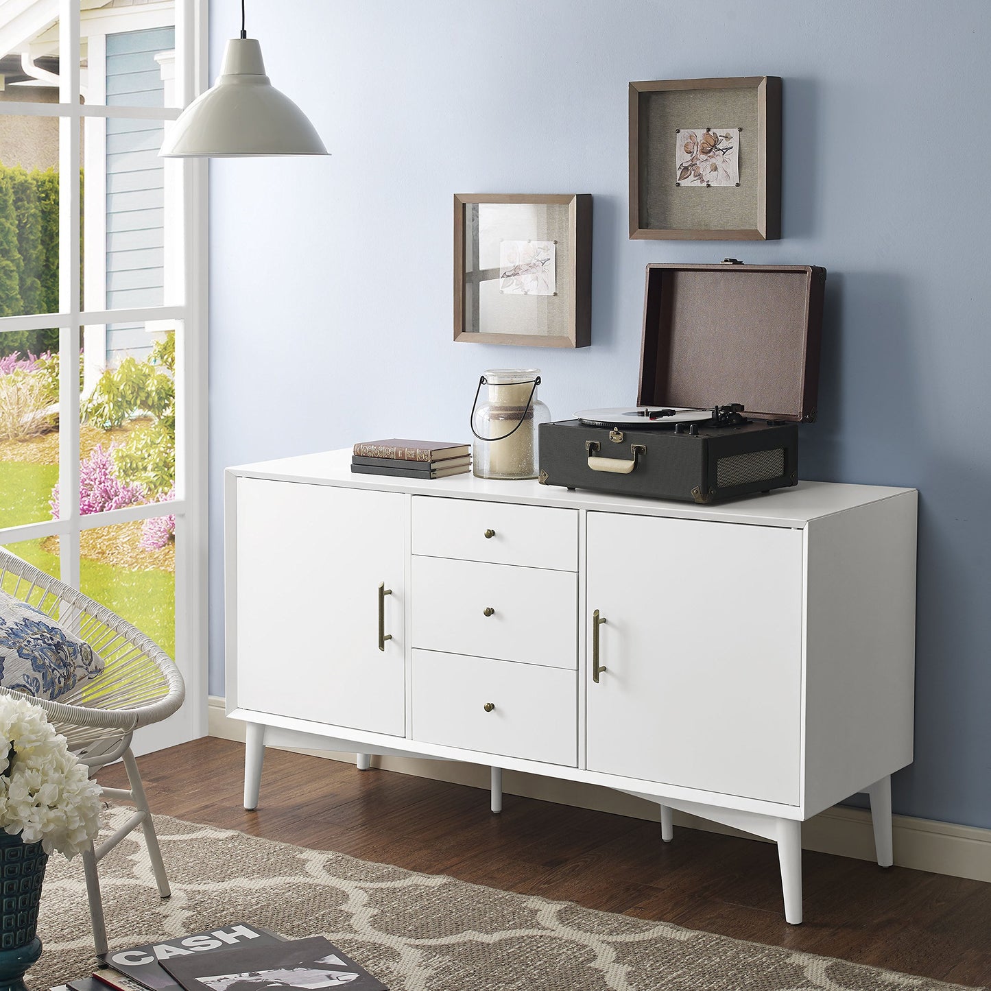 Crosley Furniture Landon Mid Century Sideboard Buffet Cabinet with Storage, White