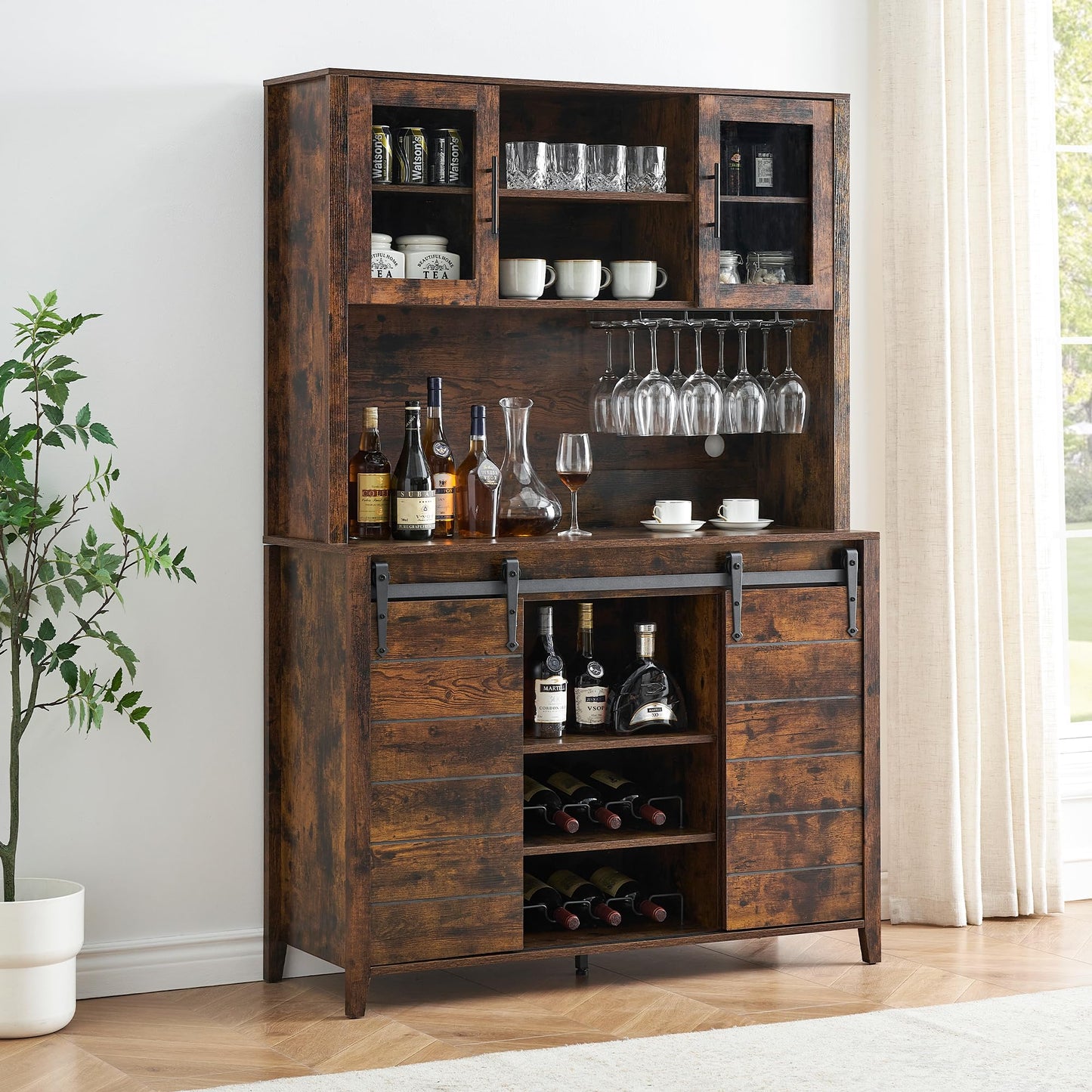 IDEALHOUSE 70'' Wine Coffee Bar Cabinet with Storage Hutch, Tall Kitchen Pantry Liquor Cabinet with Sliding Barn Doors, Bottle Glasses Rack, Farmhouse Buffet for Home Dining Room, Brown