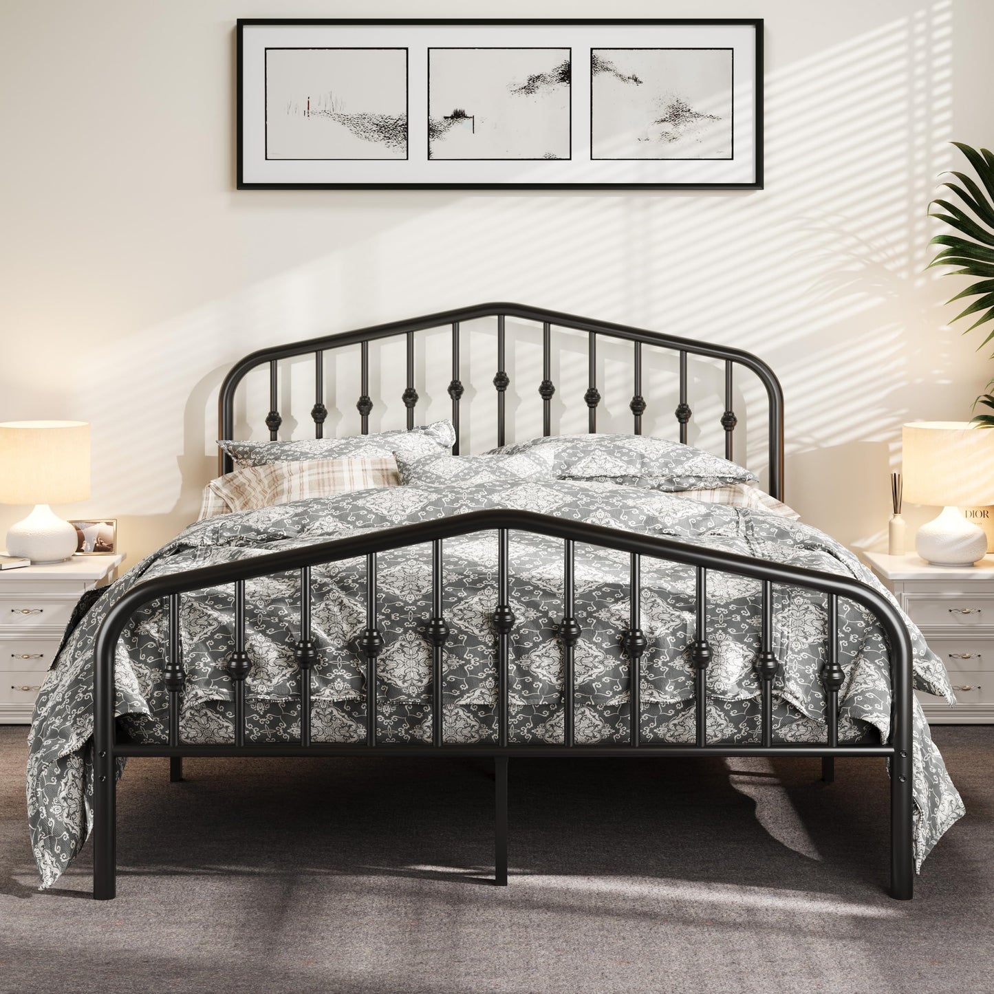 Allewie Queen Size Platform Metal Bed Frame with Chic Headboard and Footboard, Modern Design with Storage Space, Easy Assembly, Black