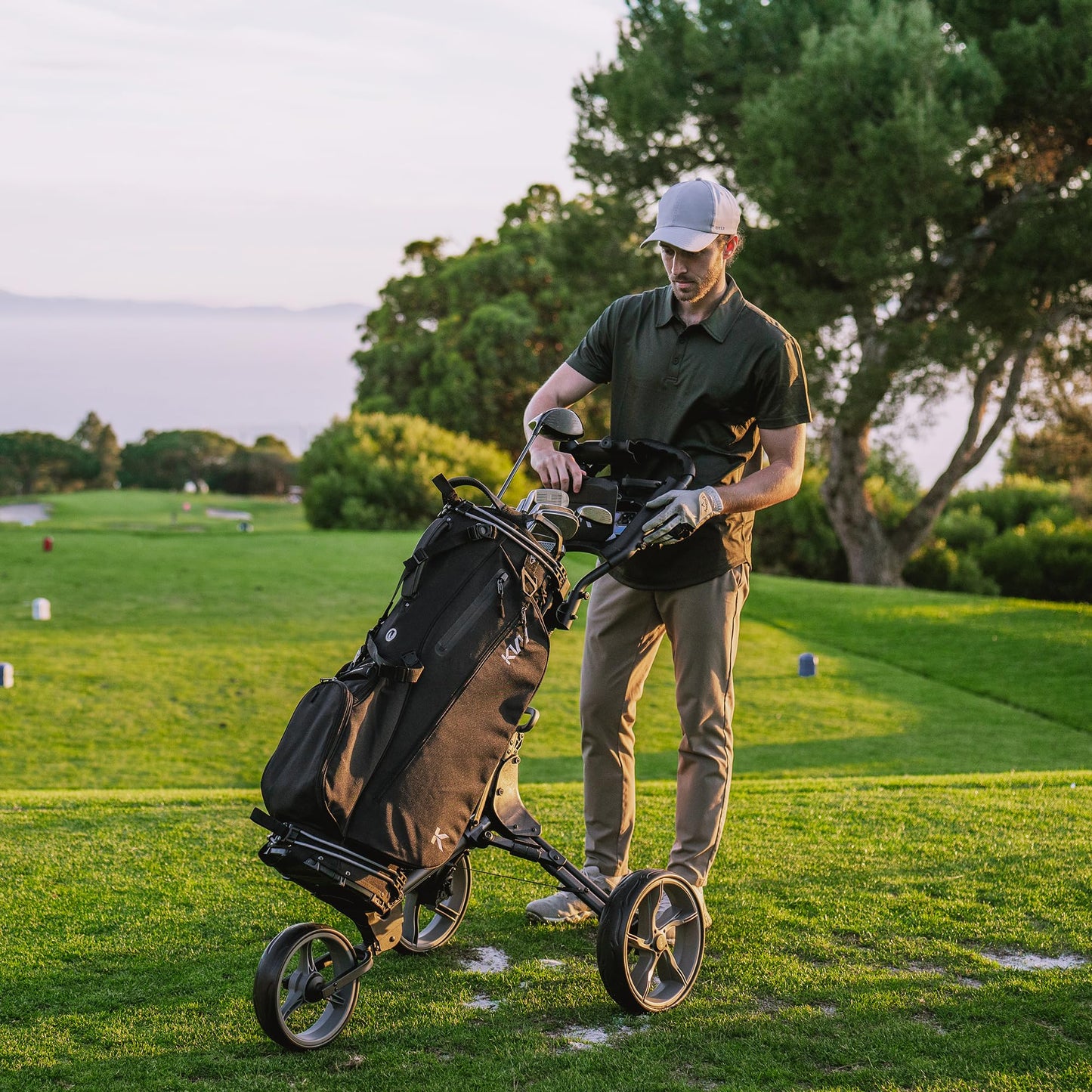 KVV 3 Wheel Foldable/Collapsible Golf Push Cart Ultra Lightweight Smallest Folding Size, New-Version Scorecard Holder Umbrella Holder Included