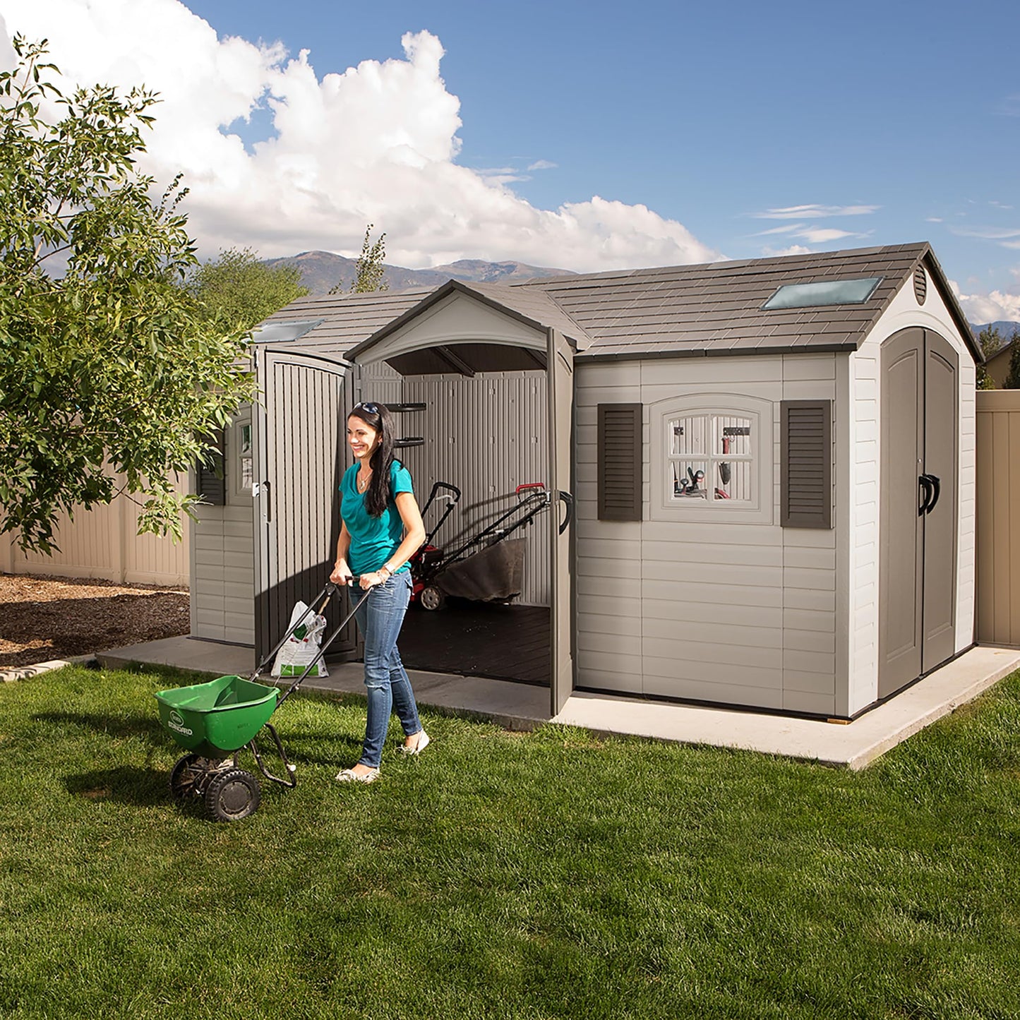 Lifetime 15×8 Ft Dual‑Entry Outdoor Storage Shed, Steel‑Reinforced, UV‑Protected, Weather‑Resistant Backyard Garden Shed with Skylights, Windows & Shelving, Desert Sand