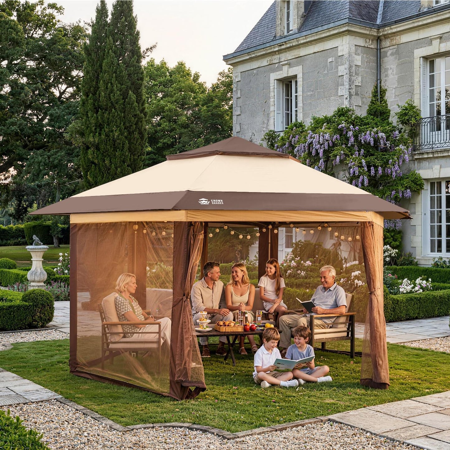 CROWN SHADES 13x13 Pop Up Gazebo with Mosquito Nettings, Patented CENTERLOK 6-Sided Portable Gazebo, 300D Silver-Coated Fabric UV Resistant, Pop Up Canopy Tent for Patio, Party, Beige&Coffee