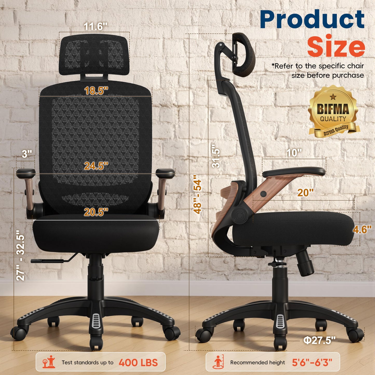 GABRYLLY Ergonomic Office Chair, High Back Home Desk Chair with Flip-Up Arms, 3D Headrest, Thick Sponge Seat &90-120° Recline, Big and Tall Mesh Executive Chairs for Man Woman, Black Woodgrain